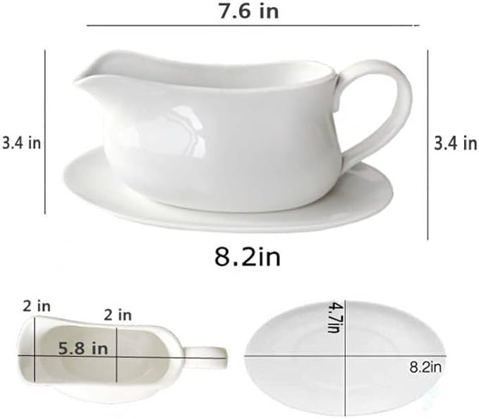 17oz Gravy Boat with Saucer Stand, Set of 1, Ceramic Sauce Boat with Tray for Salad Dressings,ketchup, Creamer, Broth, Black Pepper, White