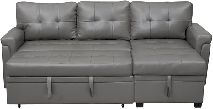 Naomi Home L-Shaped Reversible Sectional Sofa with Pull-Out Sleeper Bed and Storage Chaise, Gray Air Leather