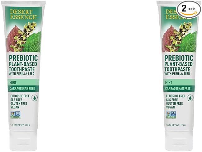 Desert Essence Prebiotic Plant-Based Toothpaste Mint 6.25 oz - Fluoride Free, No SLS, Gluten-Free, Vegan, Cruelty Free - Healthy Oral Microbiome - Tea Tree Oil, Inulin & Chicory Root (Pack of 2)