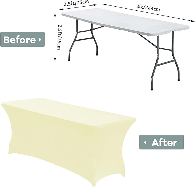 CWK 8FT Waterproof Stretch Spandex Table Cover for Rectangular Tables - Elastic Fitted Tablecloth for Folding Tables,Wrinkle Resistant Table Cloth for Parties, Weddings, Banquets & Events (Beige)