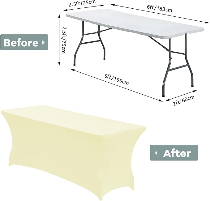 CWK 6FT Waterproof Stretch Spandex Table Cover for Rectangular Tables - Elastic Fitted Tablecloth for Folding Tables,Wrinkle Resistant Table Cloth for Parties, Weddings, Banquets & Events (Beige)