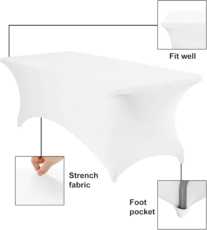 2Pack Spandex Waterproof Table Covers 8ft,Spandex 8ft Waterproof Table Cover for Party,Wedding, Banquet, and Events(White)