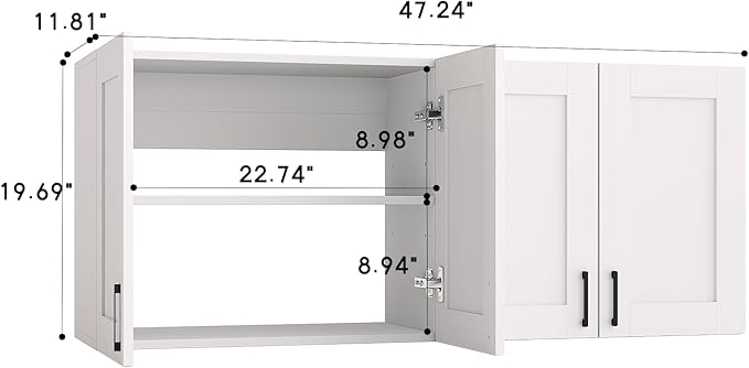 White Laundry Room Cabinets and Storage with 4 Doors and Utility Adjustable Shelf,Gabinetes Para Cocina Cupboard Kitchen Organizers and Storage Pantry Wall Mounted 12.4"D x 47.2"W x 19.7"H
