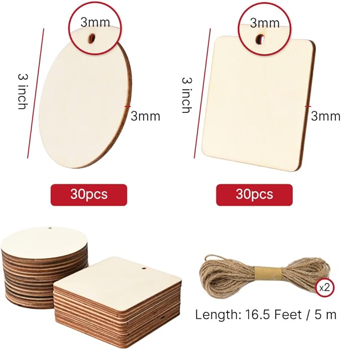 60 Pcs Wooden Tags, 3x3 Inch Unfinished Round Wood Pieces Blank Square Wooden Slices with Holes, with Jute Twines for Sign Tags Home Party Hanging Decoration