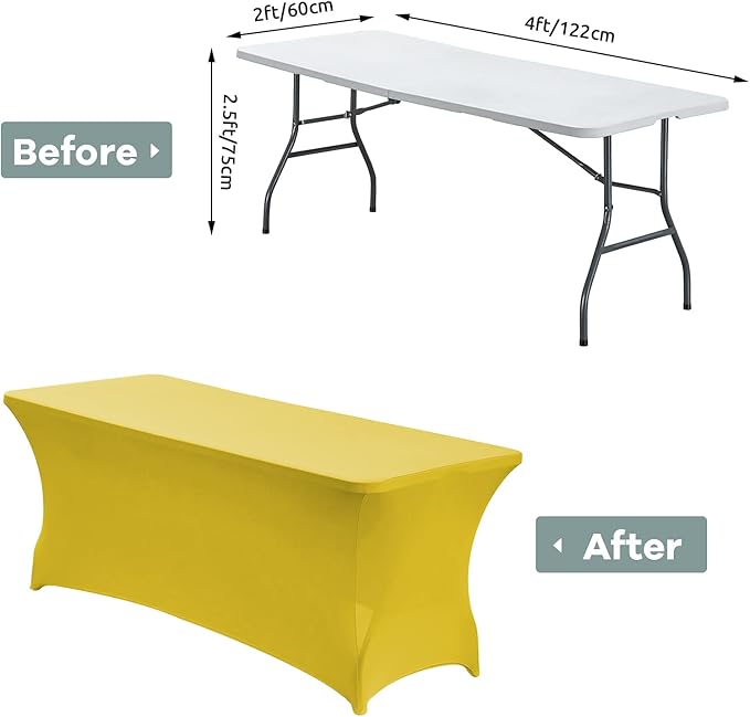 CWK 4FT Waterproof Stretch Spandex Table Cover for Rectangular Tables - Elastic Fitted Tablecloth for Folding Tables,Wrinkle Resistant Table Cloth for Parties, Weddings, Banquets & Events (Yellow)