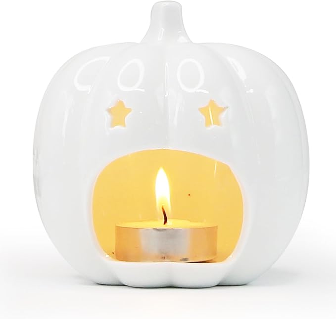 Ceramic White Pumpkin Candle Holder, Halloween Decor Candlestick Holder with Star Hole for Halloween Party, On a Desk at Work, Home Decoration, Daughter Girlfriend Mother Gift