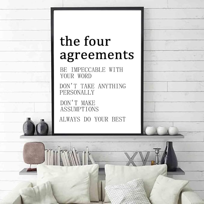 The Four Agreements Poster Inspirational Wall Art Black And White Quote Posters Positive Inspirational Wall Art Vintage Poster Motivational Painting Modern Canvas Minimalist Decor 16x24inch No Frame
