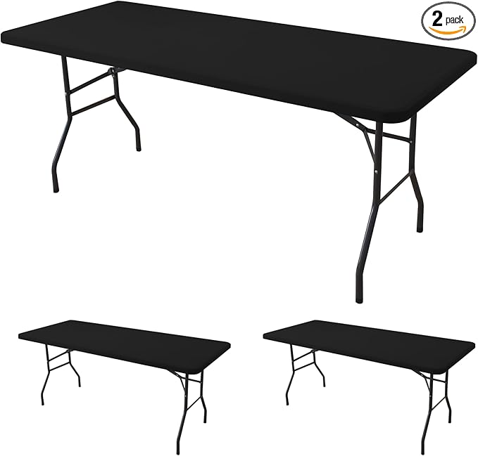 Fitted Tablecloth for 6 Foot Rectangle Tables-2 Pack Black Elastic Outdoor Picnic Table Cover-Spandex Stretch Folding Table Cloths 6 ft for Camping Dining Room Patio Kitchen Banquet Party