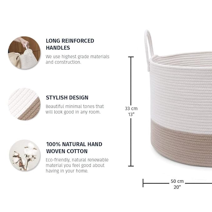 OrganiHaus Boho Woven Basket for Blankets and Laundry, Decorative Large Storage Bin for Living Room, Nursery Basket for Toys & Clothes, Soft Cotton Rope with Handles 20x13 inches - Off-White/Honey