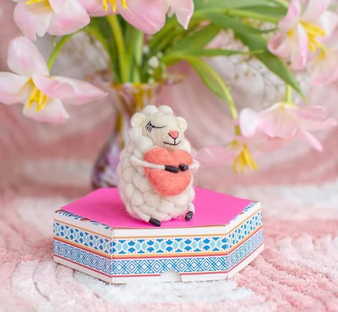 | Hand-Felted Loving Lottie Sheep Hugging Heart | Organic Wool Home Decor | Fair Trade Plush Animal Ornament | Gift for Any Occasion | Perfect for New Spaces & Home Accessories