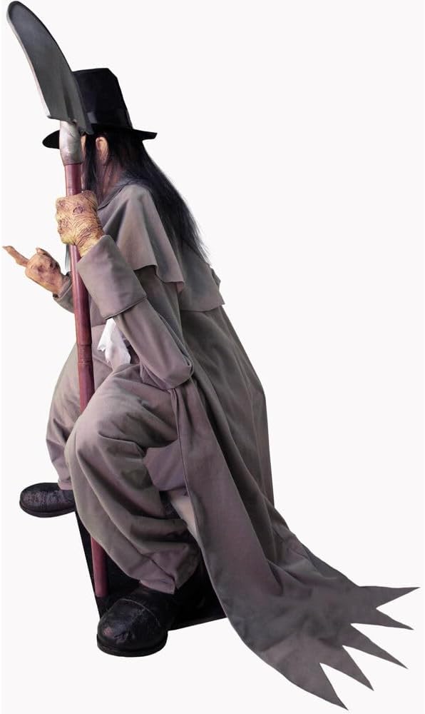 Haunted Hill Farm Motion-Activated Crouching Grave Digger by Tekky, Talking Halloween Animatronic for Indoor or Covered Outdoor Creepy Halloween Decorations, Plug-in or Battery Operated Fright Props