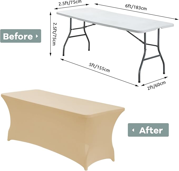 CWK 6FT Stretch Spandex Table Cover for Rectangular Tables - Elastic Fitted Tablecloth for Folding Tables,Wrinkle Resistant Table Cloth for Parties, Weddings, Banquets & Events (Champagne)