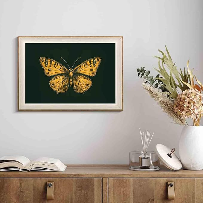 Gold Butterfly Paintings Green Gold Abstract Wall Art Moody Insect Artwork Vintage Butterfly Pictures Abstract Moody Animal Prints Wild Animals Painting Living Room Decor 16x24inch No Frame