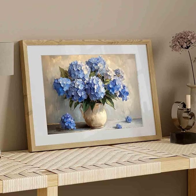 White And Blue Hydrangea Wall Art Hydrangea Flower Pictures Abstract Floral Paintings Elegant Floral Picture Rustic Farmhouse Wall Art Vintage Flowers Painting Living Room Decor 16x24inch No Frame