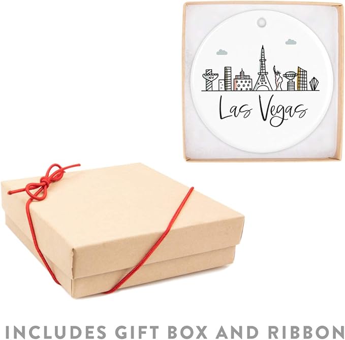 Andaz Press Round Ceramic Porcelain Christmas Tree Ornament Keepsake Gift, Las Vegas, Colorful City Skyline Graphic, 1-Pack, Birthday Gift Ideas Family Coworker Him Her, Includes Box