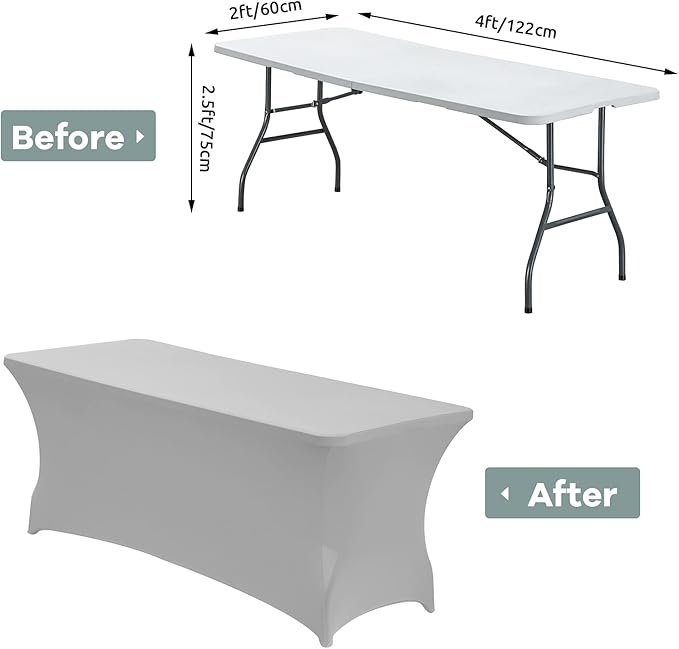 CWK 4FT Waterproof Stretch Spandex Table Cover for Rectangular Tables - Elastic Fitted Tablecloth for Folding Tables,Wrinkle Resistant Table Cloth for Parties, Weddings, Banquets & Events (Silver)