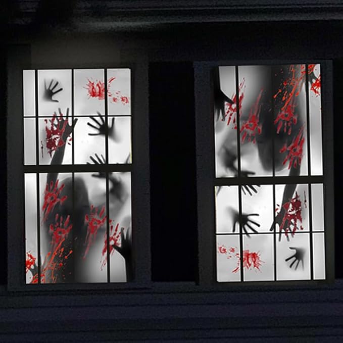 Rypyp 2PCS Halloween Decorations Indoor Window Clings, Large Window/Door Covers(59x30in)- Scary Zombie with Bloody Handprints at The Window, Halloween Haunted House Party Décor, Garage Door Cover