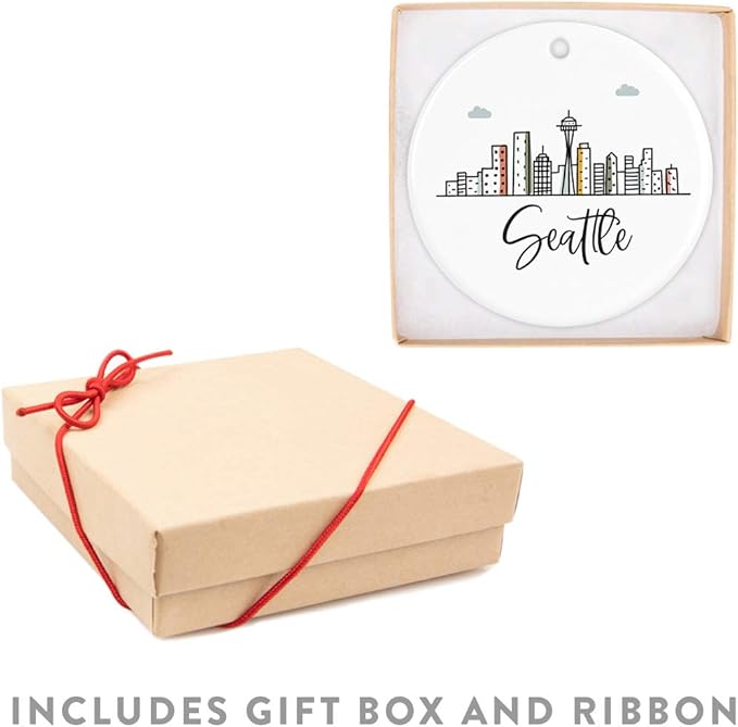 Andaz Press Round Ceramic Porcelain Christmas Tree Ornament Keepsake, Seattle Colorful City Skyline, 1-Pack, Birthday Ideas for Family Coworker, Gift Box Included