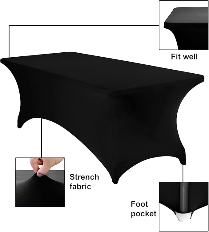 2Pack Spandex Waterproof Table Covers 8ft,Spandex 8ft Waterproof Table Cover for Party,Wedding, Banquet, and Events(Black)
