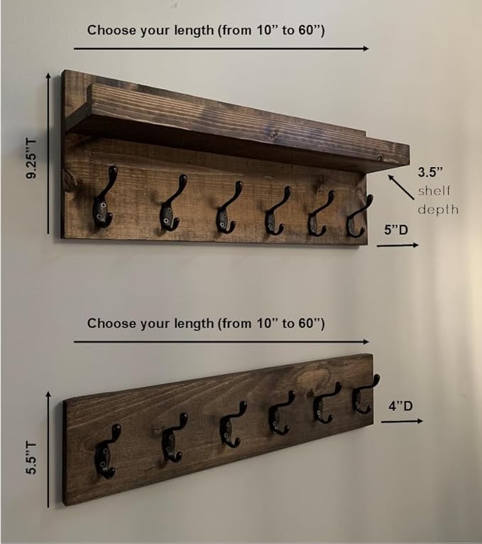 Coat Rack with Shelf Wall Mounted with Storage (Choose Your Length) Towel Rack Entryway Organizer Key Hooks (48" L (11 Hooks) Set of 2)