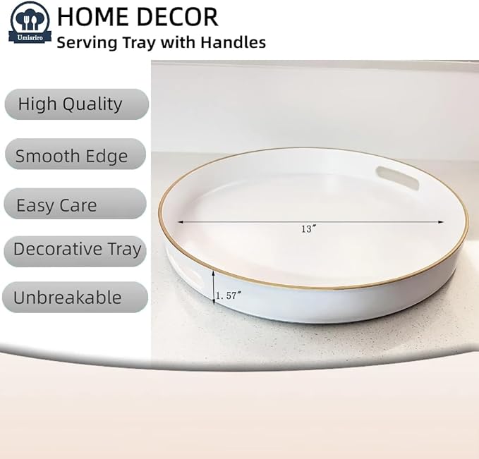 13" Round Decorative Tray, White Serving Tray with Handles, Plastic Coffee Table Tray for Ottoman, Living Room, Bathroom, Décor.