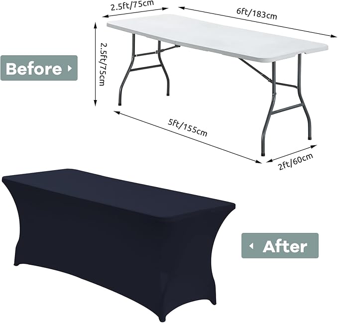 CWK 8FT Waterproof Stretch Spandex Table Cover for Rectangular Tables - Elastic Fitted Tablecloth for Folding Tables,Wrinkle Resistant Table Cloth for Parties, Weddings, Banquets & Events (Navy Blue)