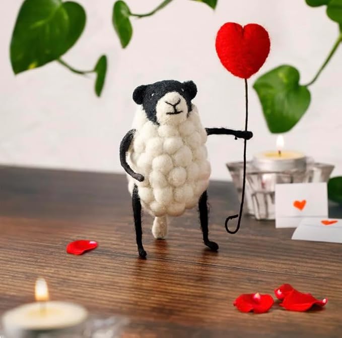 | Hand-Felted Sheply Sheep with Heart Balloon | Organic Wool Home Decor | Fair Trade Plush Animal Ornament | Gift for Any Occasion | Perfect for New Spaces & Home Accessories