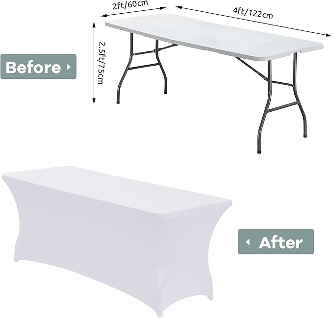 CWK 4FT Waterproof Stretch Spandex Table Cover for Rectangular Tables - Elastic Fitted Tablecloth for Folding Tables,Wrinkle Resistant Table Cloth for Parties, Weddings, Banquets & Events (White)