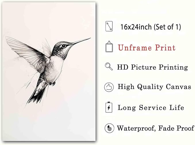Hummingbird Canvas Wall Art Animal Sketch Prints Sketch Painting Minimalist Animal Wall Art Black And White Bird Prints Vintage Hummingbird Poster Farmhouse Artwork Room Decor 16x24inch No Frame