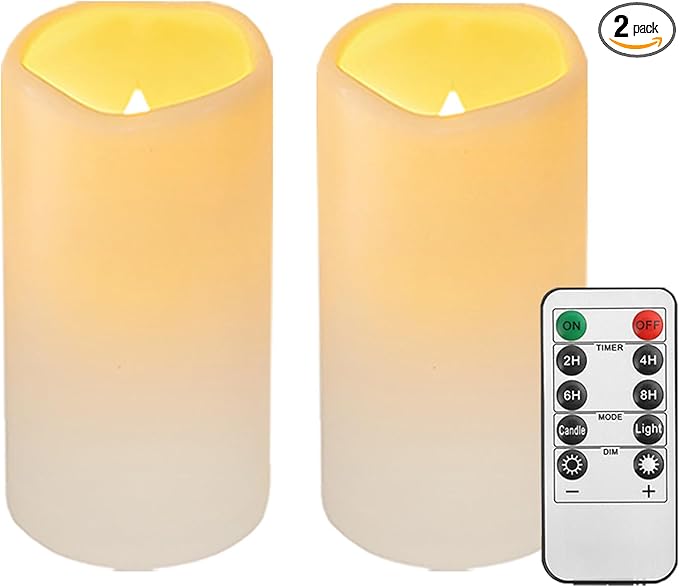 2PACK Outdoor Plastic flameless Candles with Remote Control and Timer, LED Flickering Battery Operated Electric Pillar Candles (D3 xH5.5) for Camping, Weddings, Home Decoration
