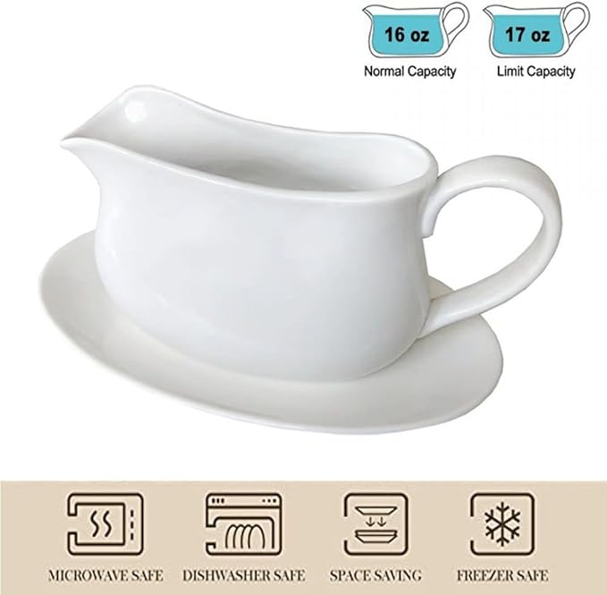 17oz Gravy Boat with Saucer Stand, Set of 1, Ceramic Sauce Boat with Tray for Salad Dressings,ketchup, Creamer, Broth, Black Pepper, White