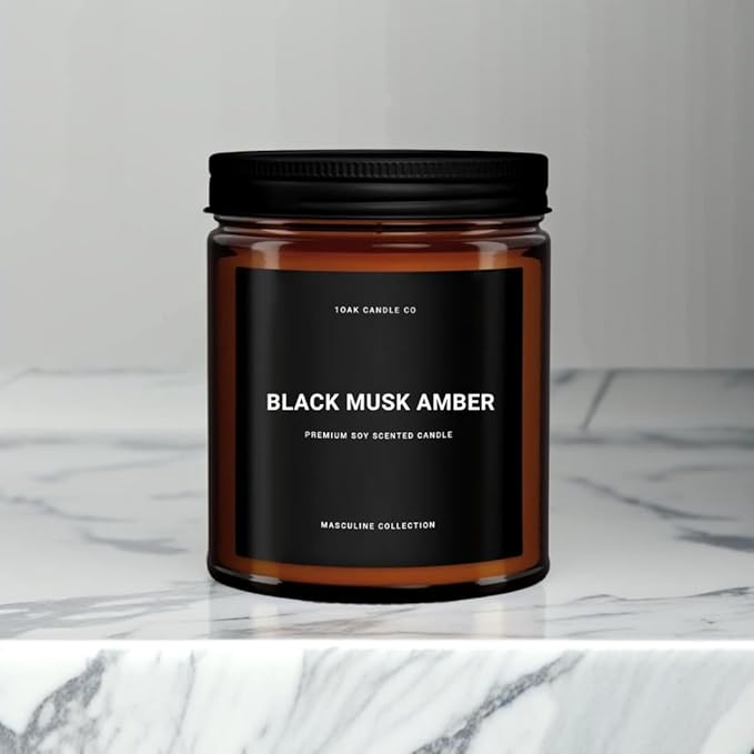 1OAK Black Musk Amber Candle - Soy Wax Scented Candle for Men - 7oz, Long Burning, Masculine - Premium Gift Option