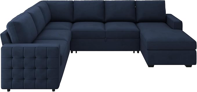 HONBAY Sleeper Velvet Blue Sectional Couch with Pull-Out Bed, Storage Chaise for Living Room