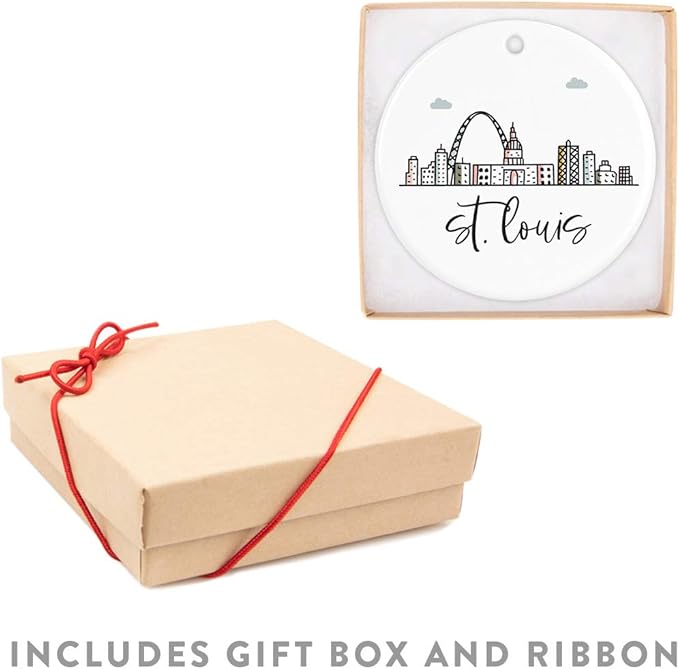 Andaz Press Round Ceramic Porcelain Christmas Tree Ornament Keepsake Gift, St. Louis, Colorful City Skyline Graphic, 1-Pack, Birthday Family Coworker Includes Gift Box St. Louis Ornament 2024