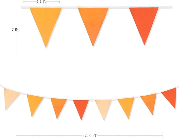10M/32Ft Triangle Flag Fabric Banner Cotton Pennant Garland Cloth Bunting for Fall Decor Autumn Wedding Birthday Party Thanksgiving Day Home Nursery Outdoor Garden Hanging Decoration (Orange+36Pcs)