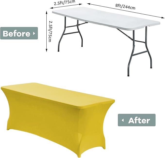 CWK 8FT Waterproof Stretch Spandex Table Cover for Rectangular Tables - Elastic Fitted Tablecloth for Folding Tables,Wrinkle Resistant Table Cloth for Parties, Weddings, Banquets & Events(Yellow)