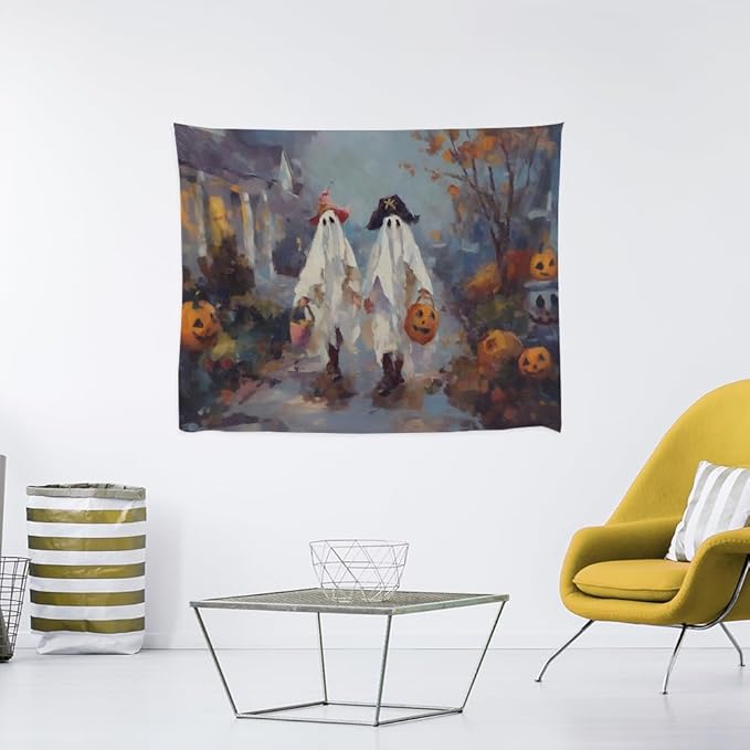 Funny Halloween Ghost Tapestry Wall Hanging Cute Kids Nursery Room Decor Trick or Treat Art Print Goth Fall Pumpkin Ghost Tapestries for Living Room Bedroom wall Decor 50x60inch