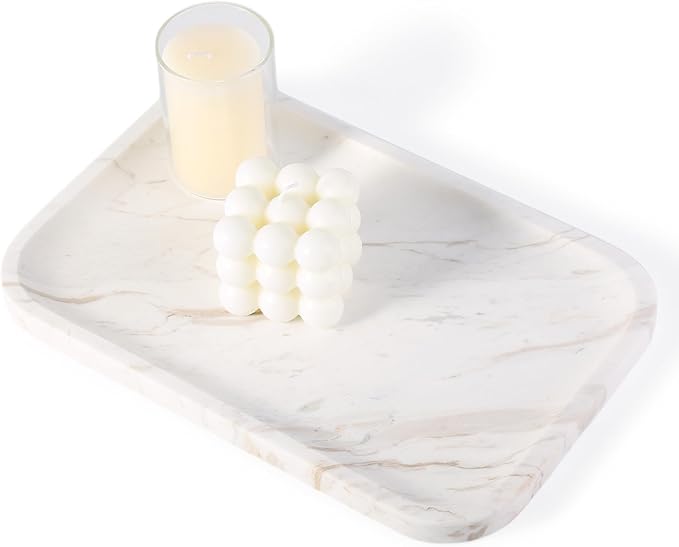 Marble Vanity Tray, Marble Bathroom Tray Countertop, Decorative Trays for Dresser Organizer, White Stone Storage Serving Trays for Kitchen, Perfume, Jewelry Cathall Holder