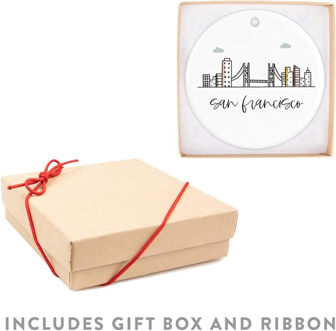 Andaz Press Round Ceramic Porcelain Christmas Tree Ornament Keepsake, San Francisco, Colorful City Skyline Graphic, 1-Pack, Birthday Gift Ideas Family Coworker Him Her, Includes Gift Box