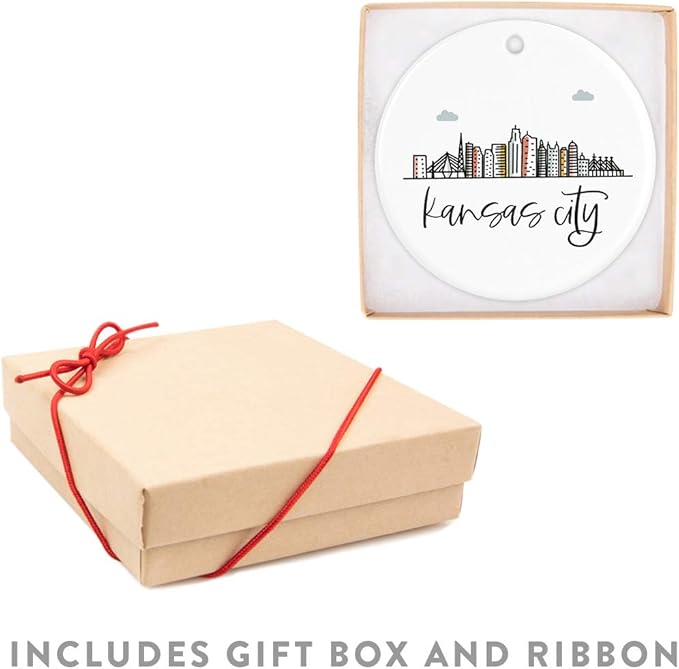 Andaz Press Round Ceramic Porcelain Christmas Tree Ornament, Colorful Kansas City Skyline 1-Pack, Birthday & for Family & Coworkers, Includes Box