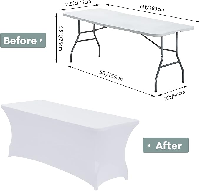 CWK 6FT 2Pcs Stretch Spandex Table Cover for Rectangular Tables - Elastic Fitted Tablecloth for Folding Tables, Wrinkle Resistant, Durable Table Protector for Parties,Weddings,Banquets &Events (White)
