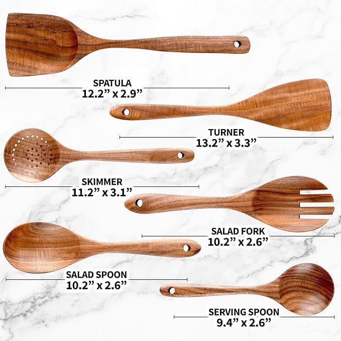 9 Piece Natural Teak Wooden Kitchen Utensil Set with Spoon Rest - Comfort Grip Cooking Spoons and Utensils Holder