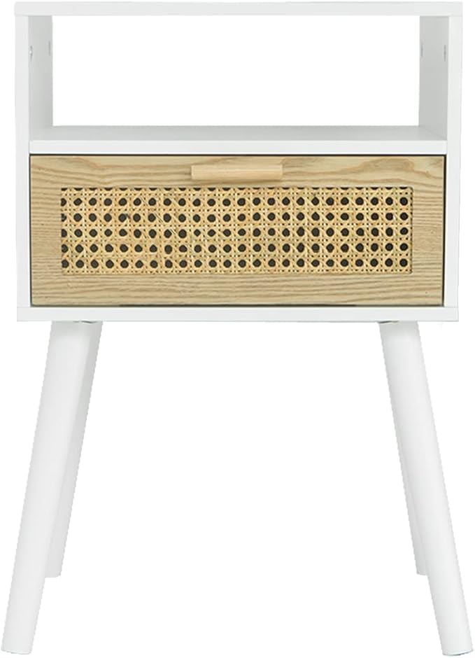 MaxSmeo White Nightstand with Drawer, Mid Century Modern Nightstand, Rattan Side Table, End Table with Storage for Living Room, Bedroom and Small Spaces, Easy Assembly (White)