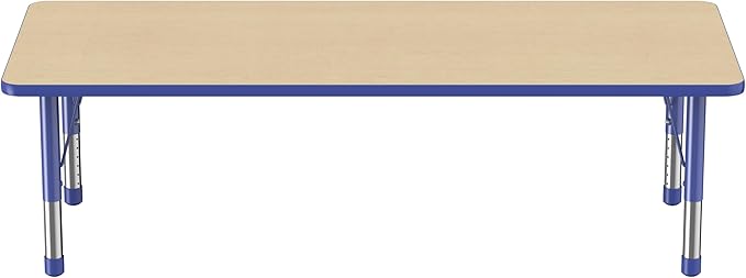 FDP Rectangle Activity School and Classroom Kids Table (30 x 72 inch), Chunky Toddler Leg, Adjustable Height 15-24 inches - Maple Top and Blue Edge