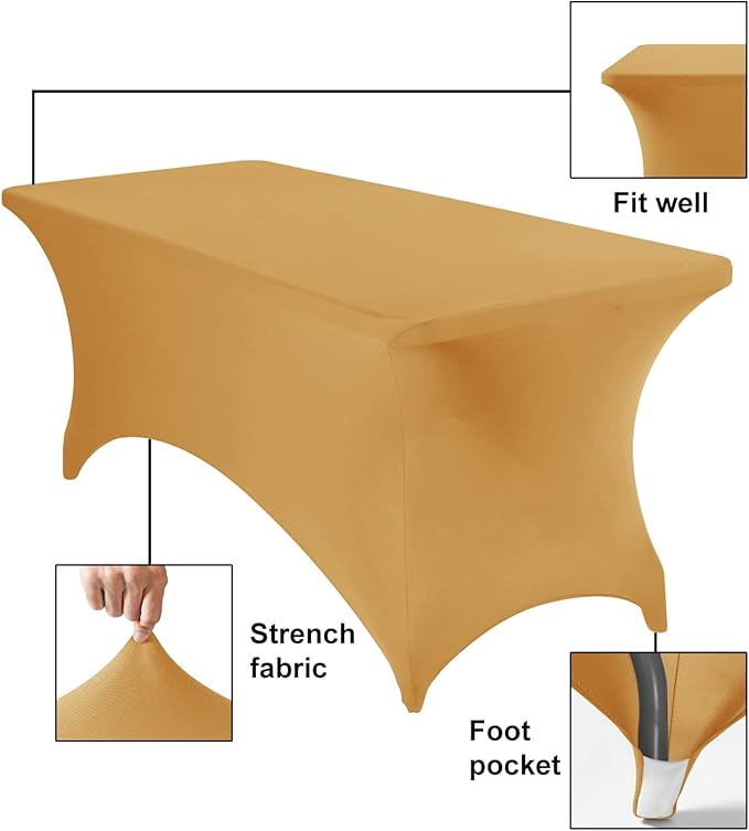 2Pack Spandex Waterproof Table Covers 6ft,Spandex 6ft Waterproof Table Cover for Party,Wedding, Banquet, and Events(Gold)