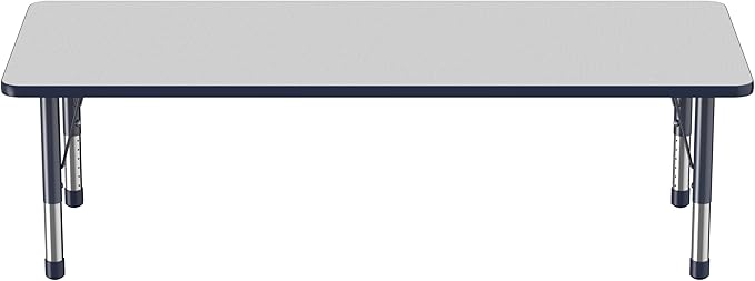 FDP Rectangle Activity School and Classroom Kids Table (30 x 72 inch), Chunky Toddler Leg, Adjustable Height 15-24 inches - Gray Top and Navy Edge