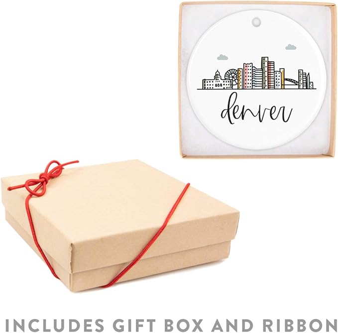 Andaz Press Round Ceramic Porcelain Christmas Tree Ornament Keepsake, Denver, Colorful City Skyline Graphic, 1-Pack, Birthday Gift Ideas Family Coworker Him Her, Includes Gift Box