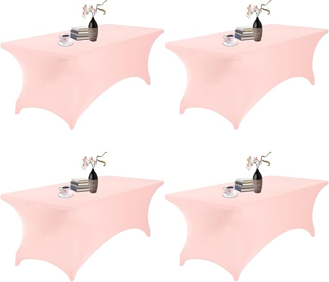 4Pack Spandex Waterproof Table Covers 8ft,Spandex 8ft Waterproof Table Cover for Party,Wedding, Banquet, and Events(Blush Pink)