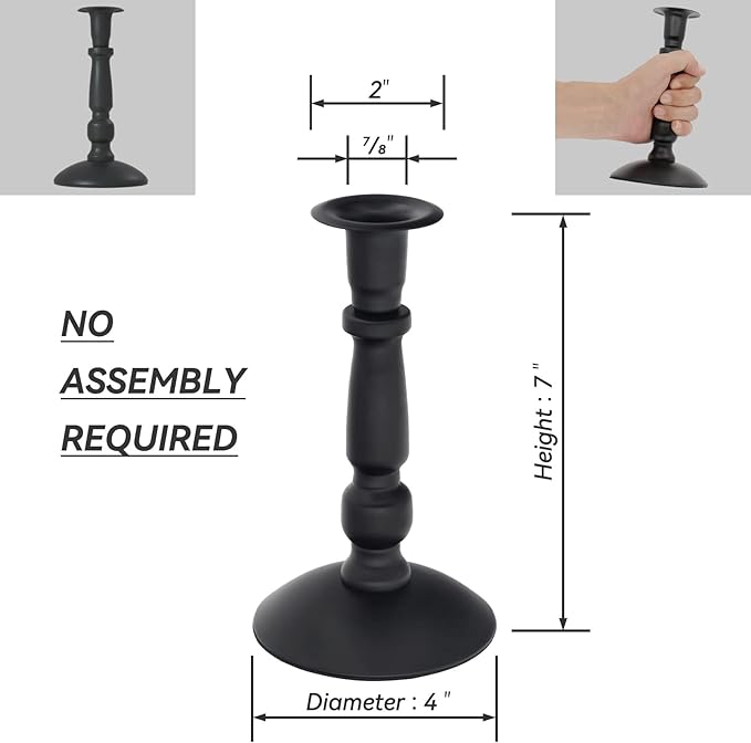 Matte Black Skinny Taper Candle Holder - Iron Slim Candle Stand for 7/8" Candles, Elegant Table Centerpiece for Home Decor and Farmhouse Table - 7"