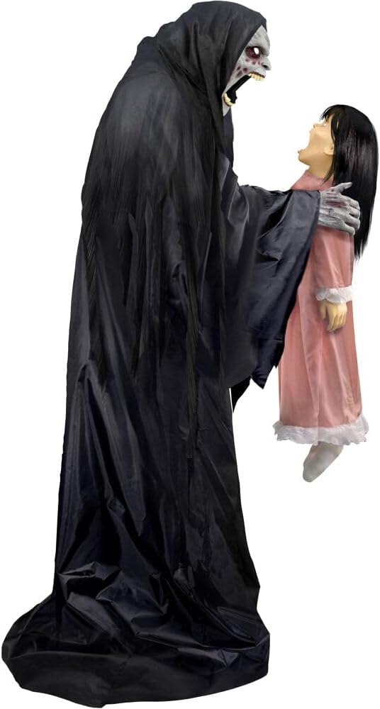 Haunted Hill Farm Soul Sucker Demon Reaper with Child by Tekky, Motion-Activated Talking Halloween Animatronic for Creepy Indoor or Covered Outdoor Halloween Decorations, Plug-in or Battery Operated